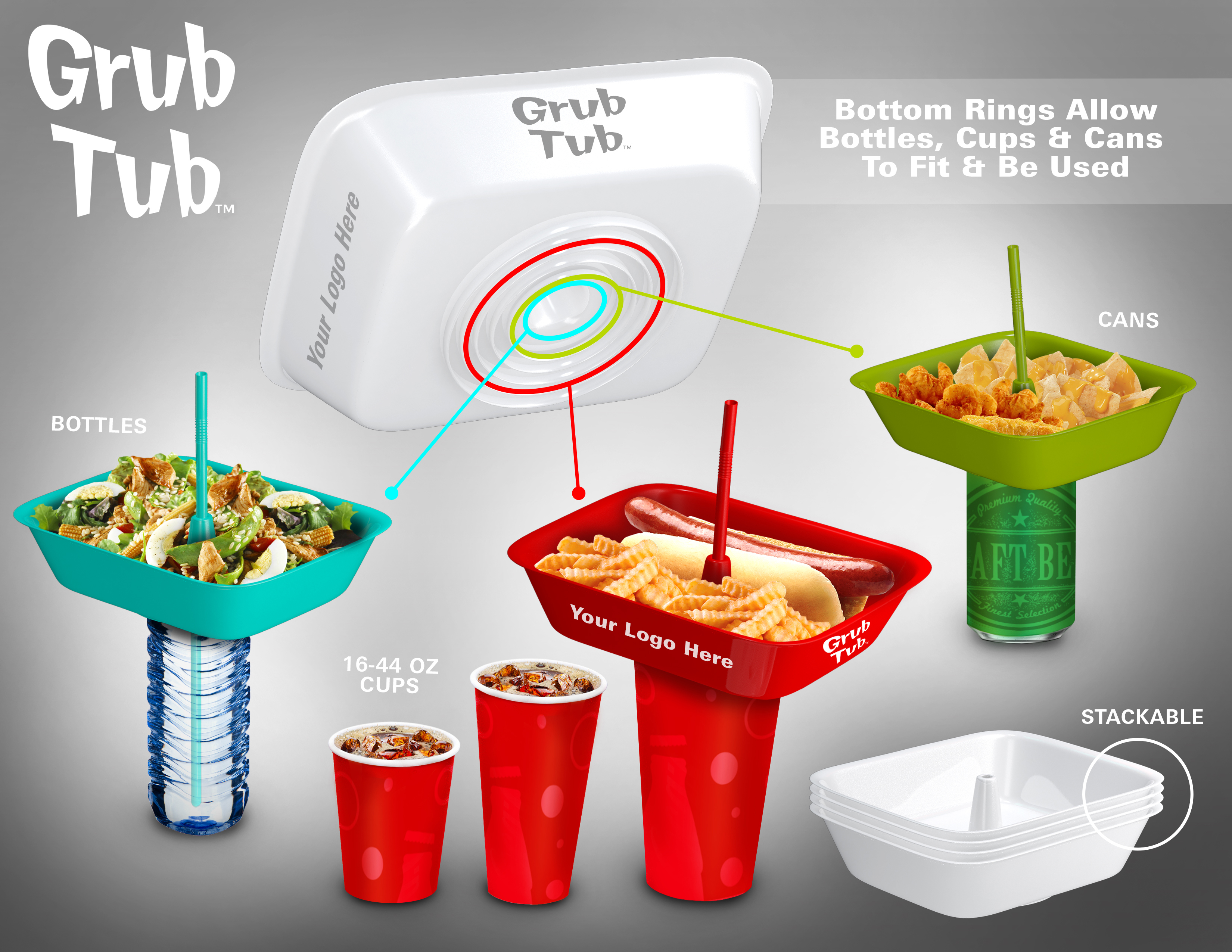 Grub Tub Fits on every standard sized cup, bottle and can